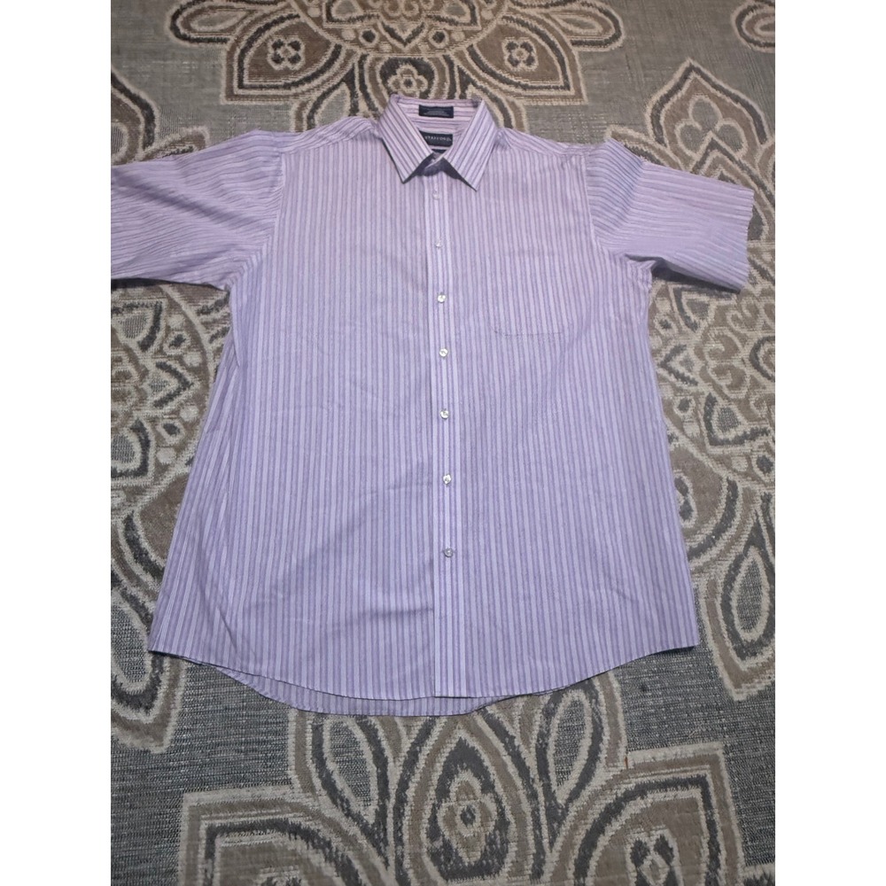 Stafford Essentials Mens 17 Classic Fit Purple Striped Short Sleeve Shirt 1281